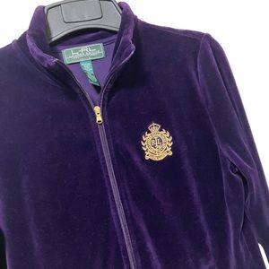 Lauren Ralph Lauren Active Purple Velvet Zip Up Jacket w Gold Embroidered Patch